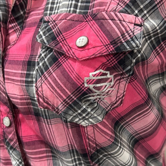 Harley Davidson Pink and Black Plaid Shirt - Picture 2 of 9